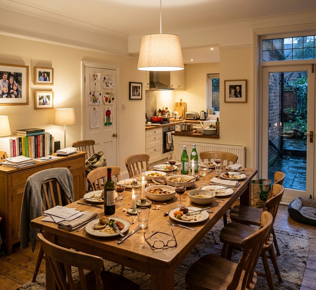 spacious, cosy dining room inside a lived-in London family home