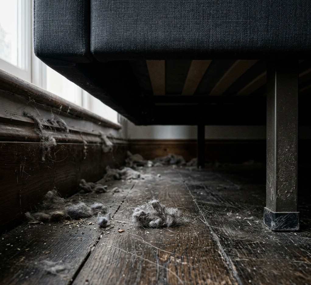 the dusty space underneath a large modern bed in a London bedroom